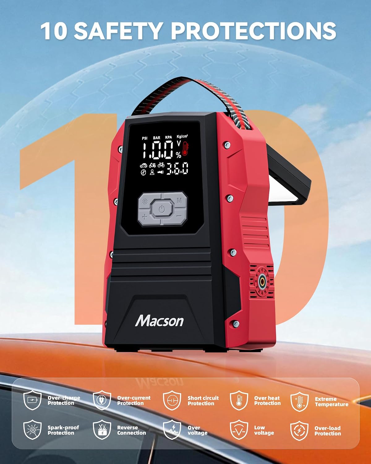 5000A Jump Starter with Air Compressor - Portable 12V Jump Box Battery Pack for 9.0L Gas/8.0L Diesel Engines, Car Jumper Starter Portable with 150PSI Tire Inflator, LED Screen, Fold-Up LED Flashlight