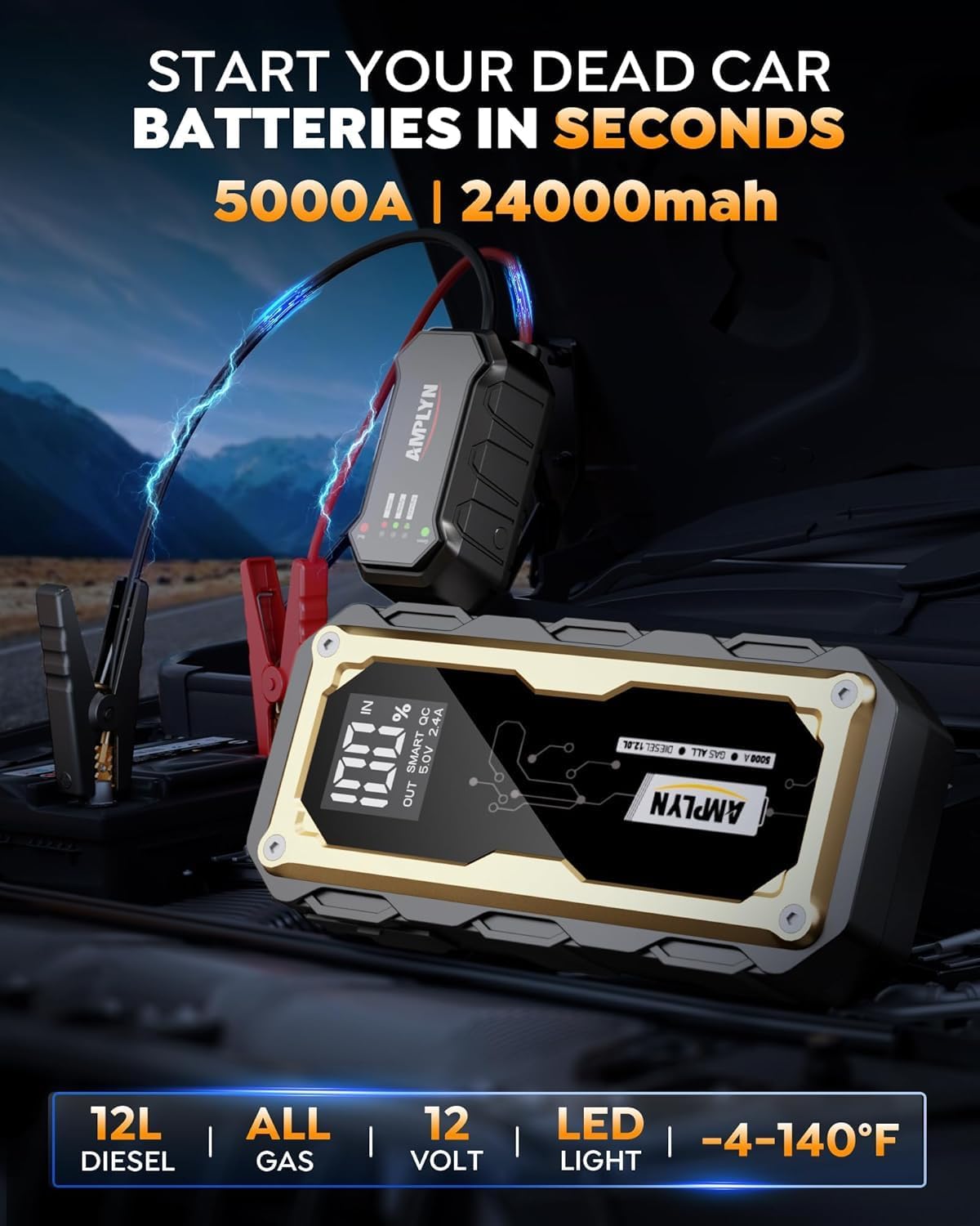 Portable 5000A DMI Jump Starter,12V Car Battery Jump Starter