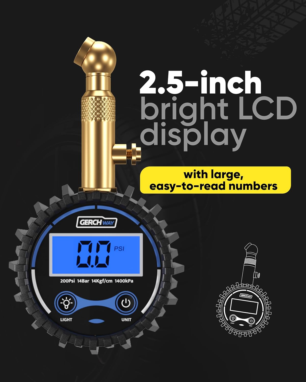 GERCHWAY Digital Tire Pressure Gauge for Cars — 200 PSI