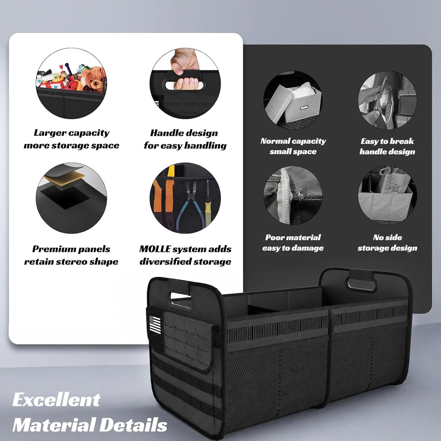 Sposuit Car Trunk Organizer for SUV - 65L Collapsible Tactical MOLLE Car Storage with Reinforced Handles & Multiple Pockets, Sturdy Trunk Organizers for Groceries, Tools & Outdoor Storage (Black)