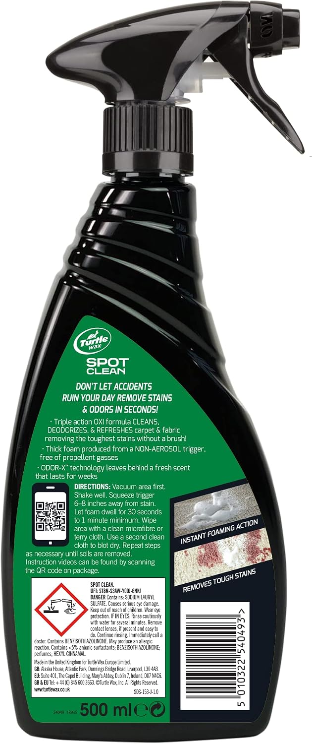 Turtle Wax 53839 Spot Clean Stain & Odor Remover, Non-Aerosol Foaming Spray Cleaner for Carpet, Fabric and Upholstered Surfaces, Eliminates Tough Stains, Deodorizes, 16 oz