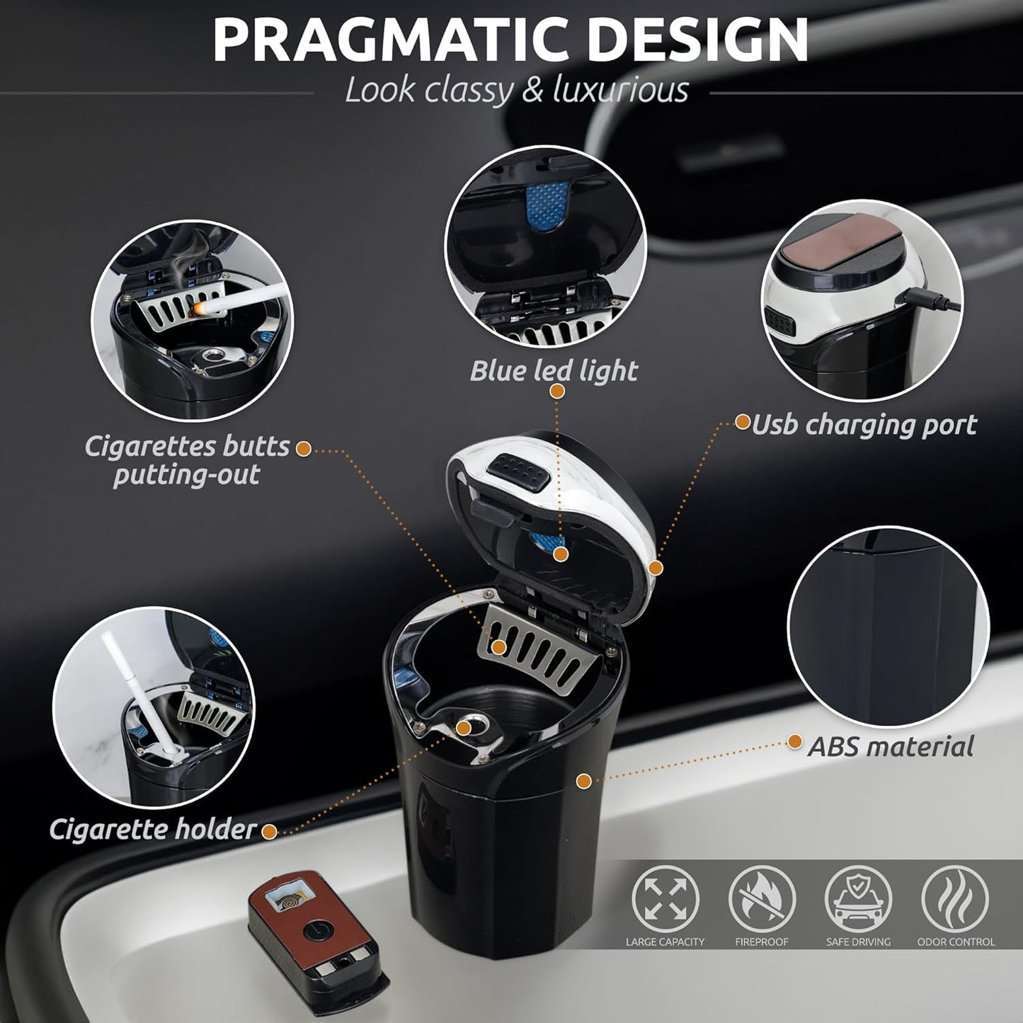 TAKAVU Car Ashtray, Detachable Stainless Lid, Blue LED & Lighter (Silver) | Easy Clean-Up Detachable Ashtray, Fits Most Vehicle Cup Holders, Removable Lighter & Illuminated Lid