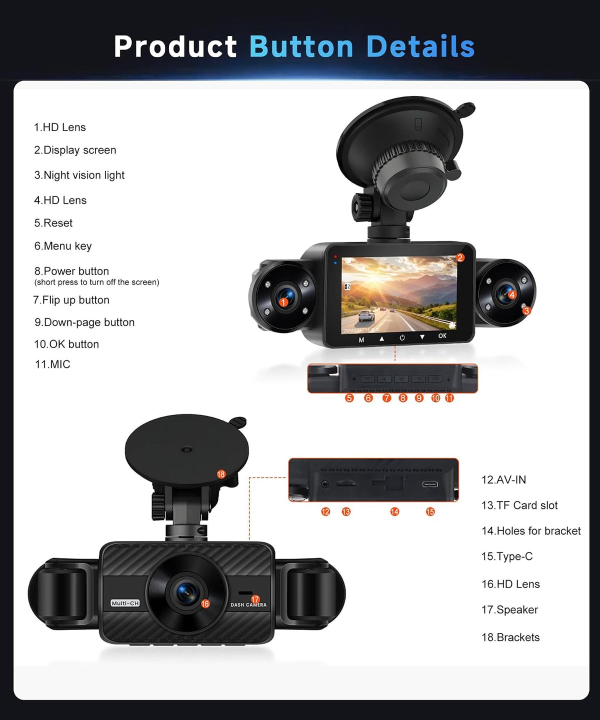 360° Dash Cam Front and Rear Inside Left Right, 4 Channel FHD 1080P Dash Cam for Cars, 3" Dashcams with 64G TF Card 8 IR Night Vision, Loop Recording, G-Sensor, 24H Parking Mode Monitor
