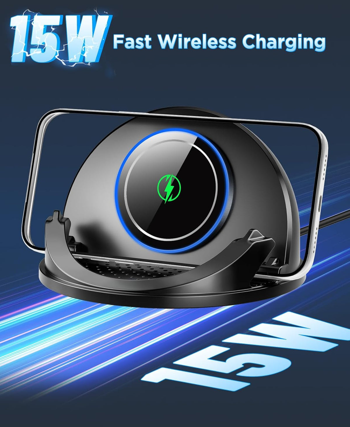 Beeasy 15W Qi Wireless Car Charger for Dashboard, Built‑in Cooling Fan, Nano Sticky Gel Non‑Slip Car Phone Holder, Wireless Car Charger Mount for iPhone Samsung Android Smartphones