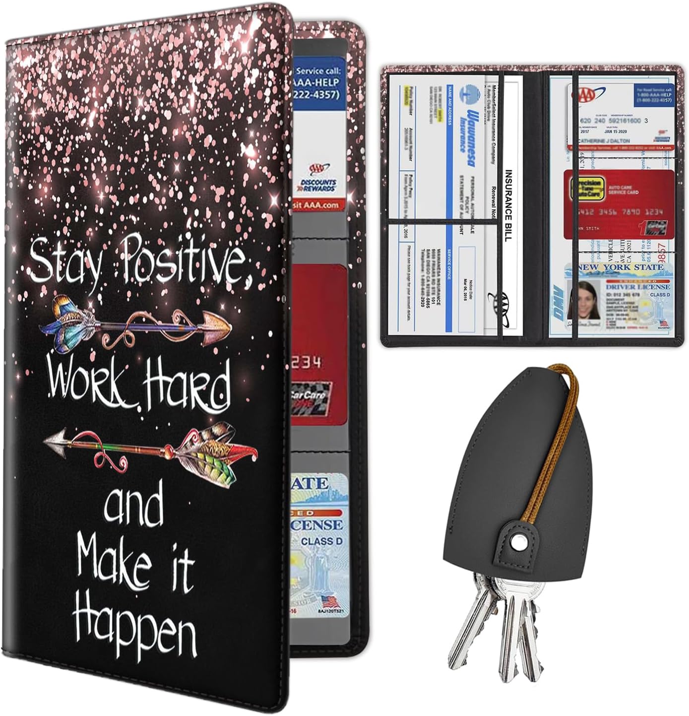 Car Document Holder with Magnetic Shut, PU Leather Car Registration & Insurance Card Holder for Driver License, Cards & Essential Documents, Vehicle Glove Box Organizer, American Flag Pattern