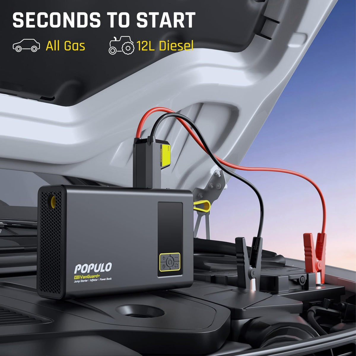 POPULO Car Jump Starter with Air Compressor, 12V 59.2Wh Portable Booster Pack Box with 150PSI Digital Tire Inflator, Extended Smart Clamps, 3000A 4-in-1 Auto Battery Starter (All Gas/12L Diesel)