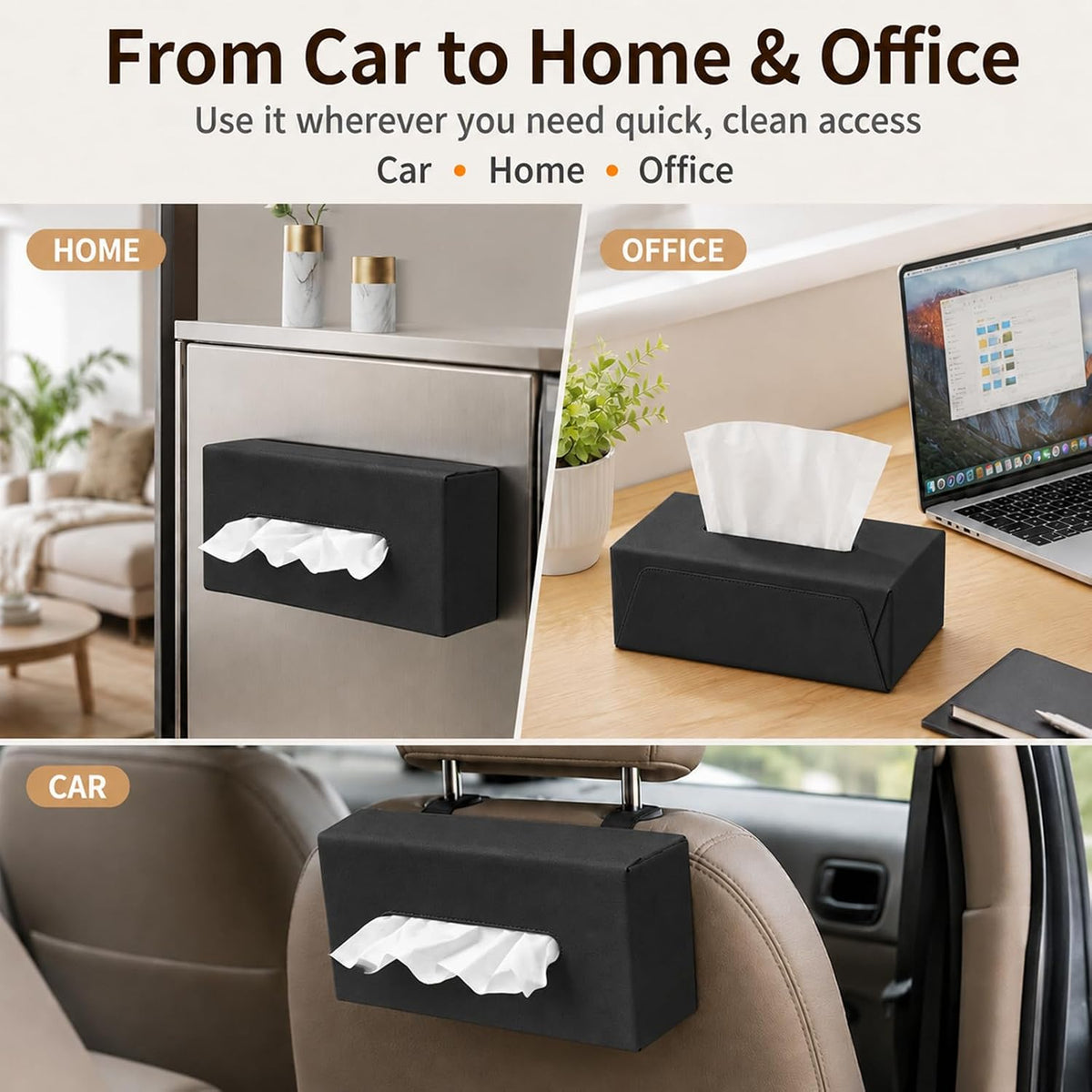 Car Tissue Holder with Magnetic & Strap Mount, Black, 1 Pack