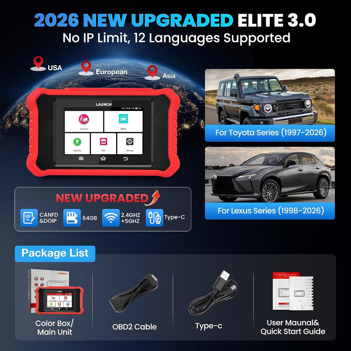LAUNCH Creader Elite 3.0 Full Bi-Directional OBD2 Scanner for Toyota/Lexus