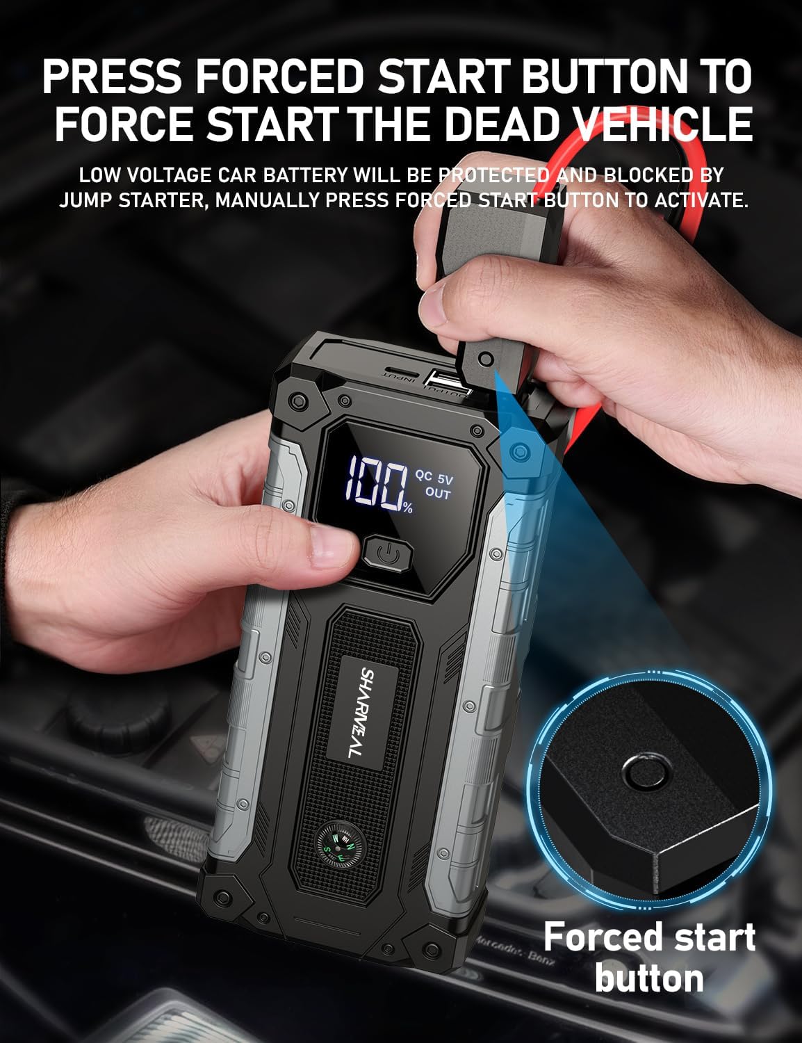 Sharmeal Car Jump Starter 7000A, Jump Starter Battery Pack for All Gas and 12.0L Diesel, 12V Portable Jump Box with LED Light