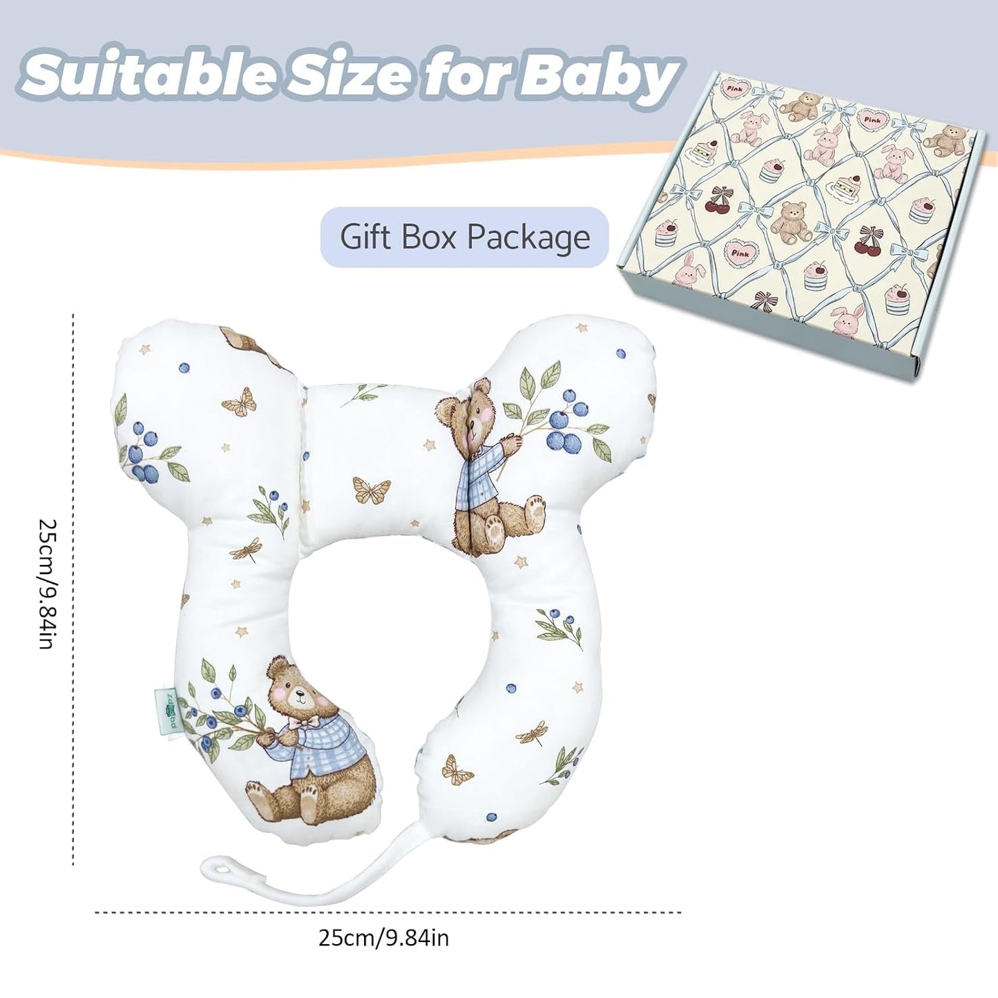 Baby Neck Pillow, U-Shape Pillow for Car Seat and Stroller, Lightweight Comfort Pillow for Babies and Toddlers (Berry Bear)
