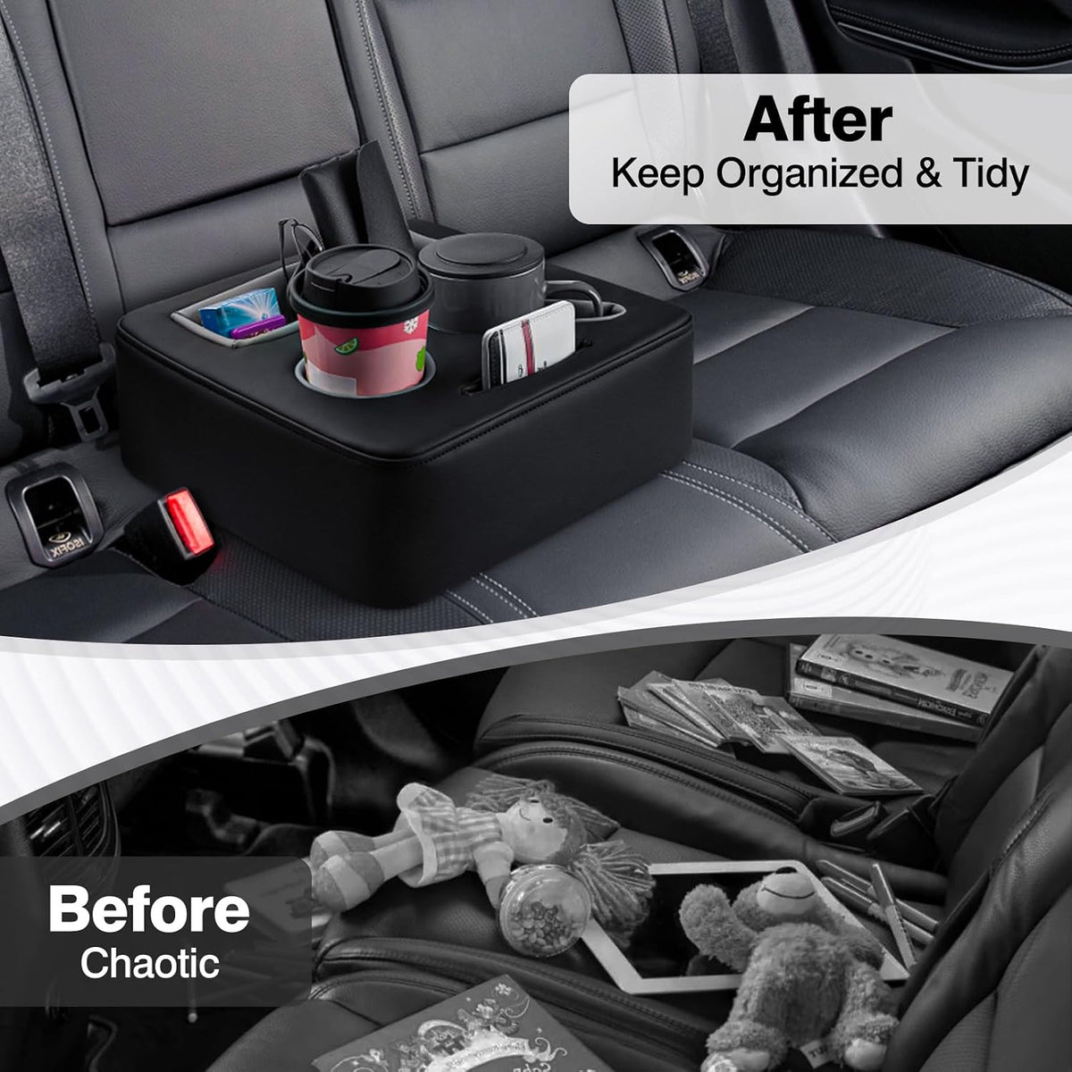 Autorder Back Seat Cup Holder for Car, Couch Cup Holder, Car Truck Boat RV Organizer, Holds Coffee Cups, Books, Phones, Remote Controls - PU Leather Black