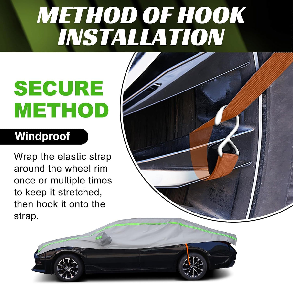 Half Car Cover with Green Reflective Strip, Windshield Cover for Ice and Snow with Cotton Liner, Hail Protector Car Cover Waterproof All Weather for Snow, Sun, Rain, Dust, UV Protection Fit SUV M