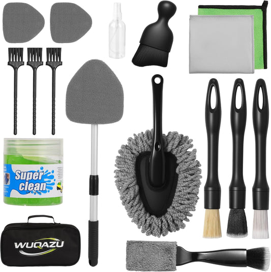 18PCS Car Detailing Kit Upgraded Boar Hair Scratch-Free Interior Cleaner | Dual-use auto&home kit with cleaning gel,2-in-1 vent brush,crevice/glass brushes&storage bag,perfect gift for car enthusiasts