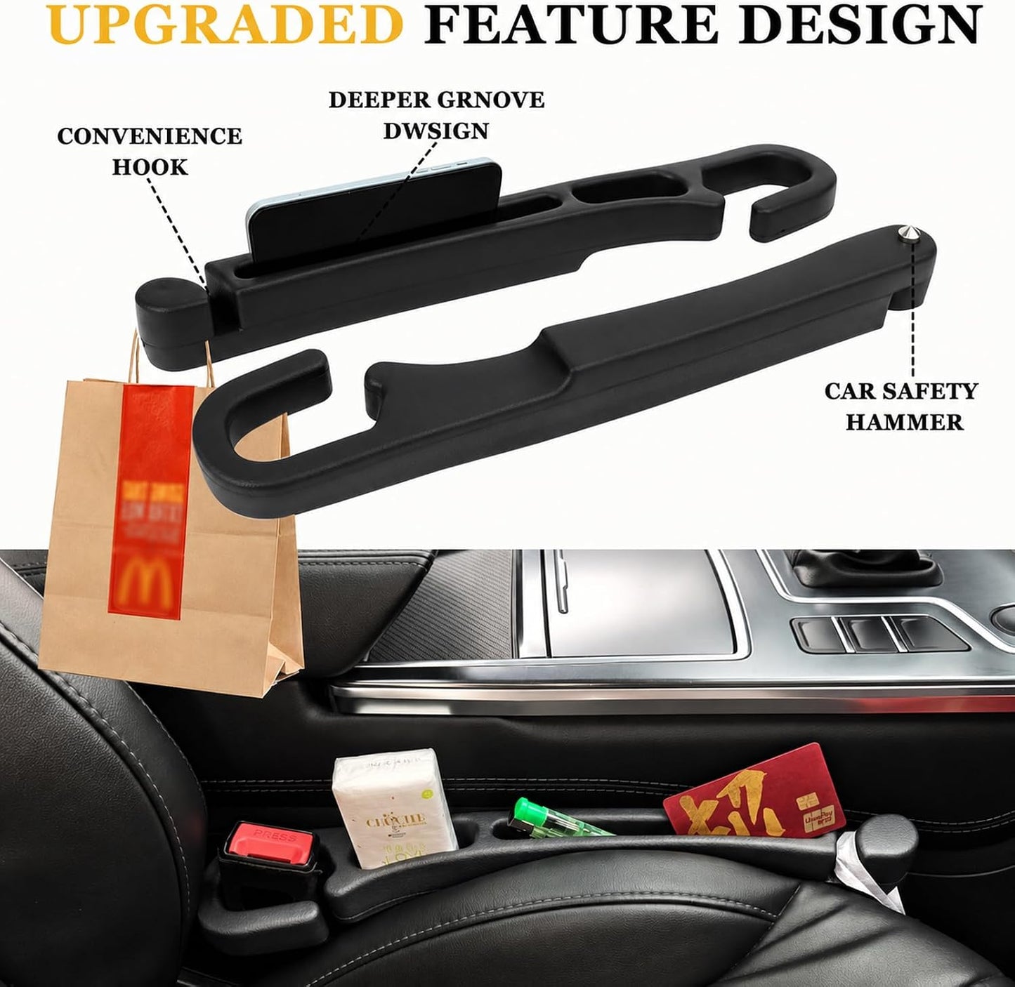 2-Pack Car Seat Gap Filler Compatible with Subaru Outback, Forester, Crosstrek, Ascent & Solterra Accessories, Seat Gap Organizer with Emergency Glass Breaker & 2 Sunglasses Holders, Black