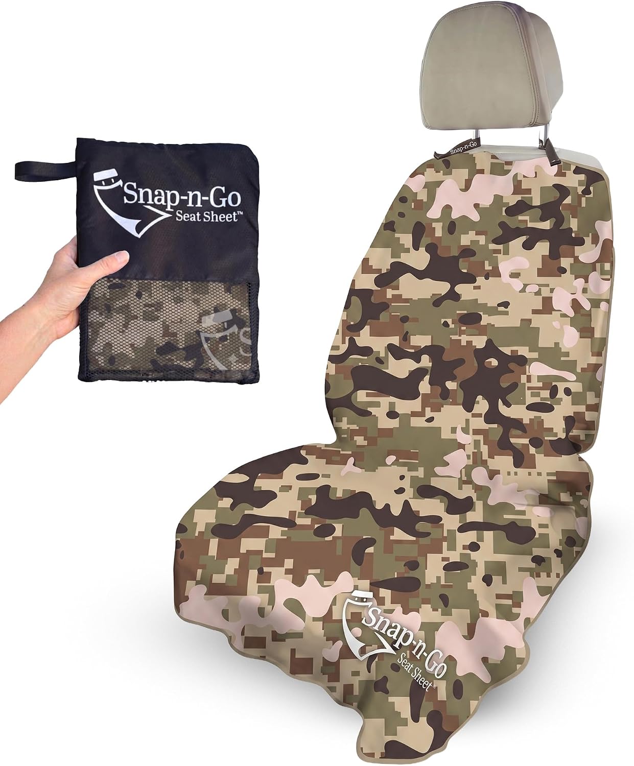 Camo Car Seat Towel Cover for Outdoor Hiking Hunting Pets | Snap-n-Go Seat Sheet® Universal Fit on headrest posts, Washable, Quick-Dry Sweat Protector for Truck SUV Car Interior Protection, Camo Multi