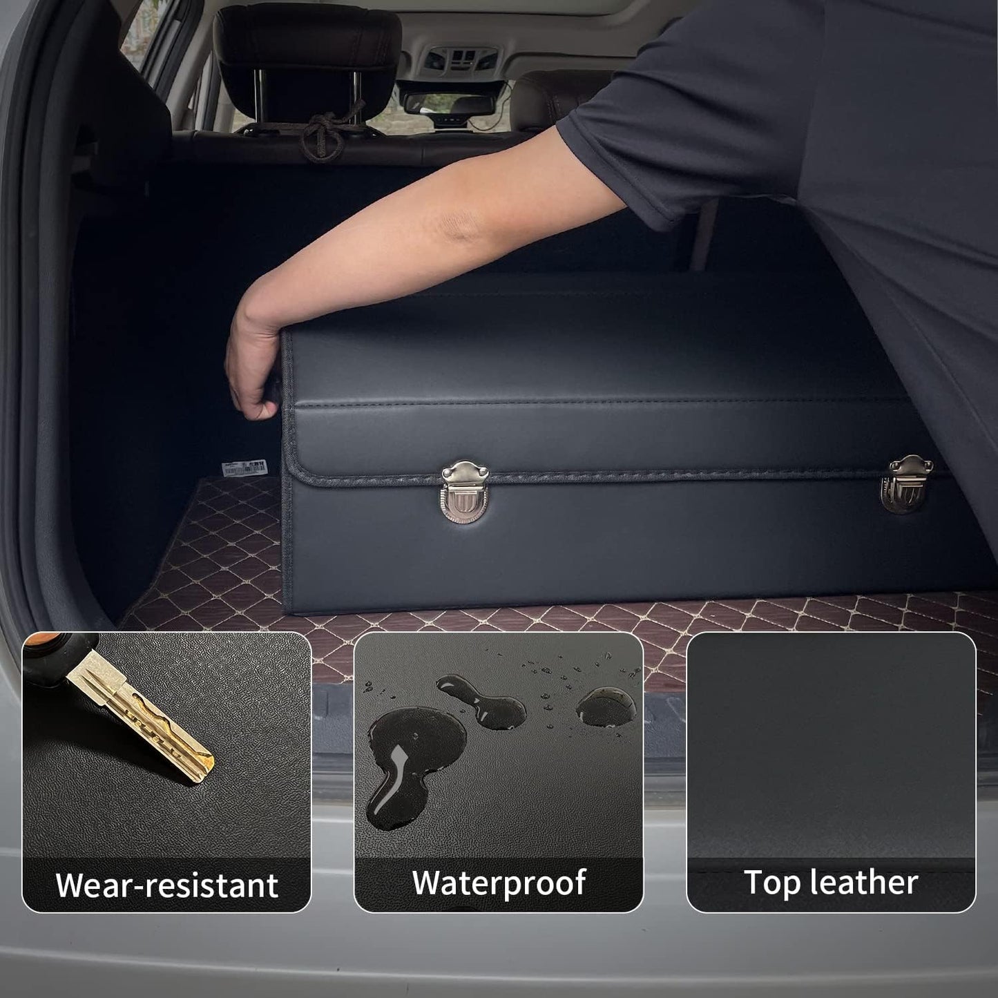 Car Trunk Organizer with Lid,Foldable Faux Leather Cargo Storage Box,3 Compartments,Collapsible Multi-Functional for SUV,Sedan,Vehicle Trunk