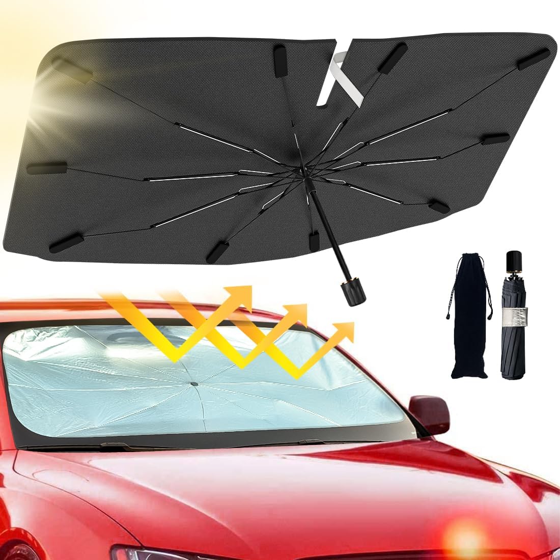 2026 Windshield Sun Shade Umbrella, Foldable Car Umbrella Sunshade with UV Block Car Front Window (Heat Insulation Protection) for Auto Windshield Covers Blackout Trucks Cars (Large)