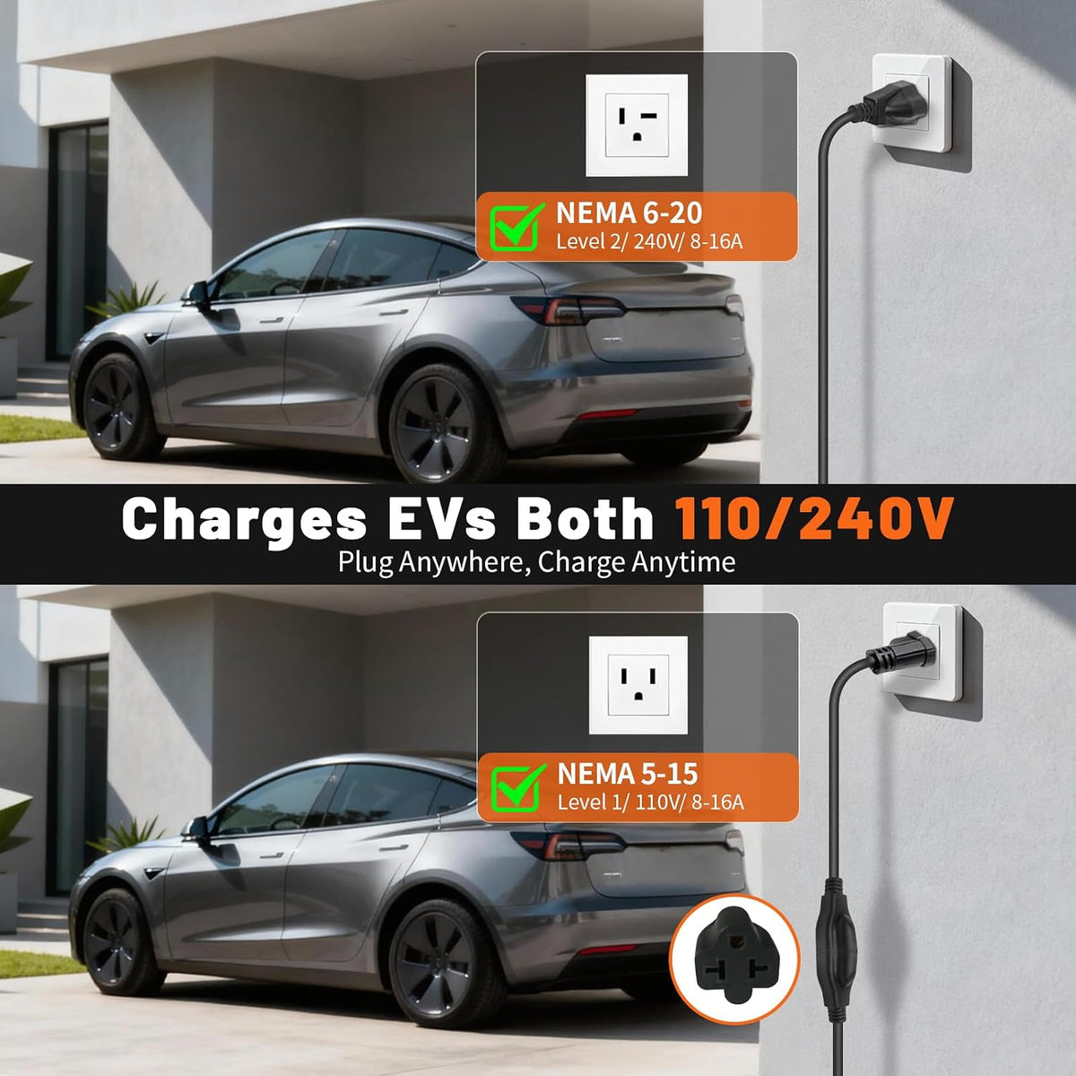 Level 1 & 2 EV Charger, 16 Amp Portable EV Charger with 20FT Cable