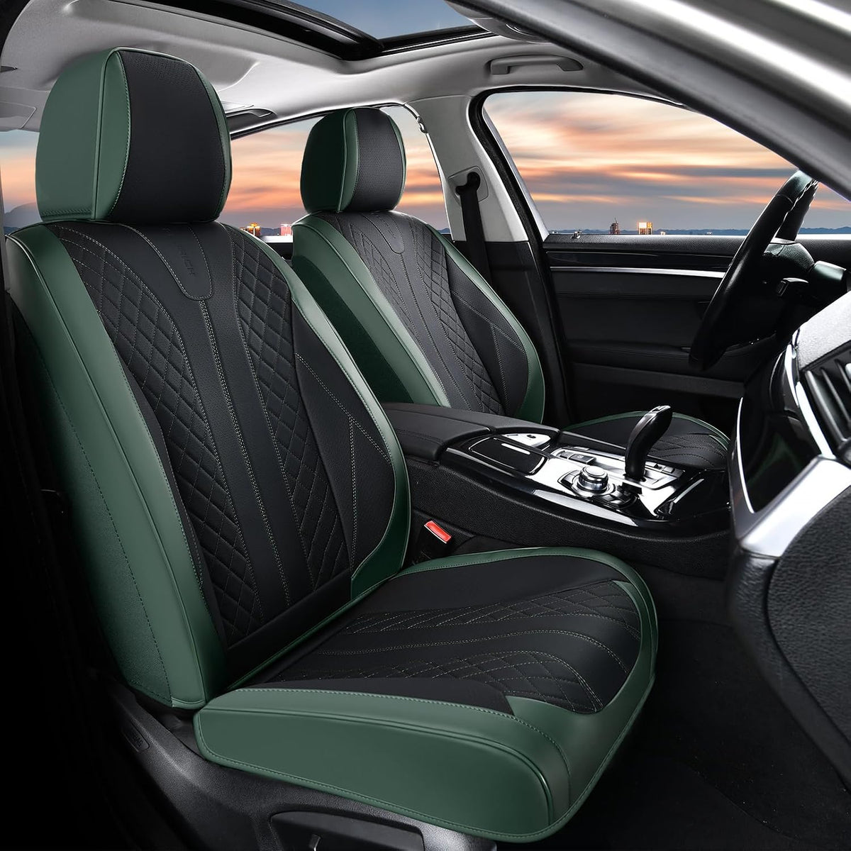 FLORICH Leather Seat Covers Full Set Automotive Car Seat Cover Front and Back Waterproof Auto Seat Covers Full Coverage Car Seat Protector Cushion Universal Fit for Most Cars SUV Trucks, Black&Green