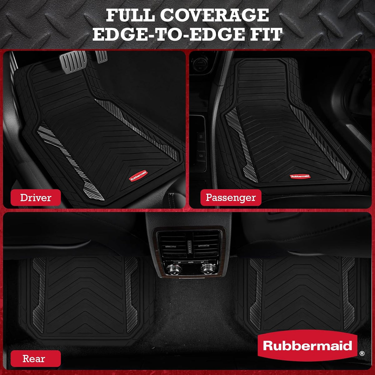 Rubbermaid Car Floor Mat, Heavy Duty All-Weather Car Mats Full Set with Dual-Tone Black Aluminum Inserts – Universal Fit, Anti-Slip Backing, Trim-to-Fit for Most SUV, Sedan, Van