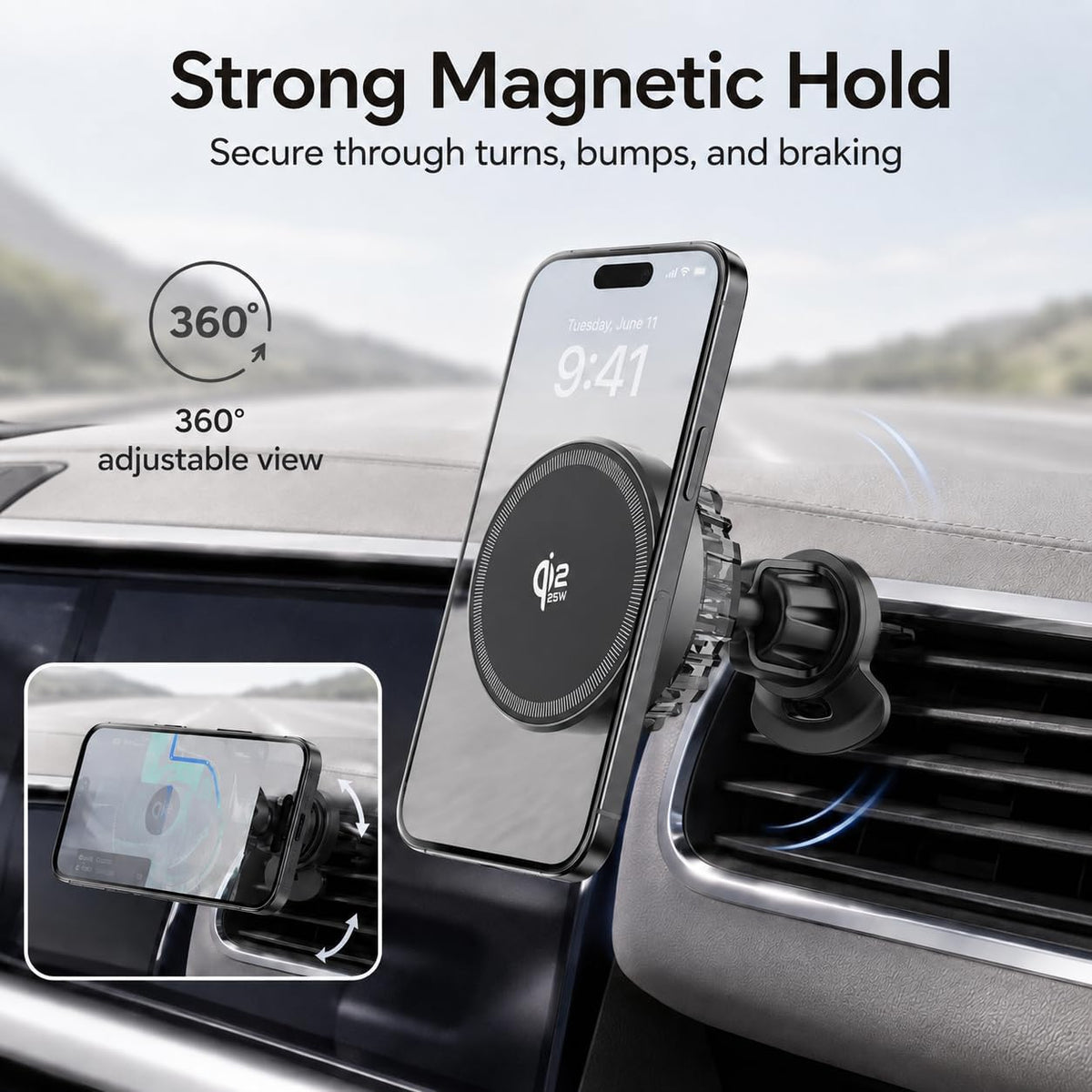 for MagSafe Car Mount Charger, Qi2.2 25W Active Cooling Wireless Car Charger with 83W Adapter, 2-in-1 Air Vent & Dashboard Magnetic Phone Holder for iPhone 17/16/15/14/13/12 Pro Max