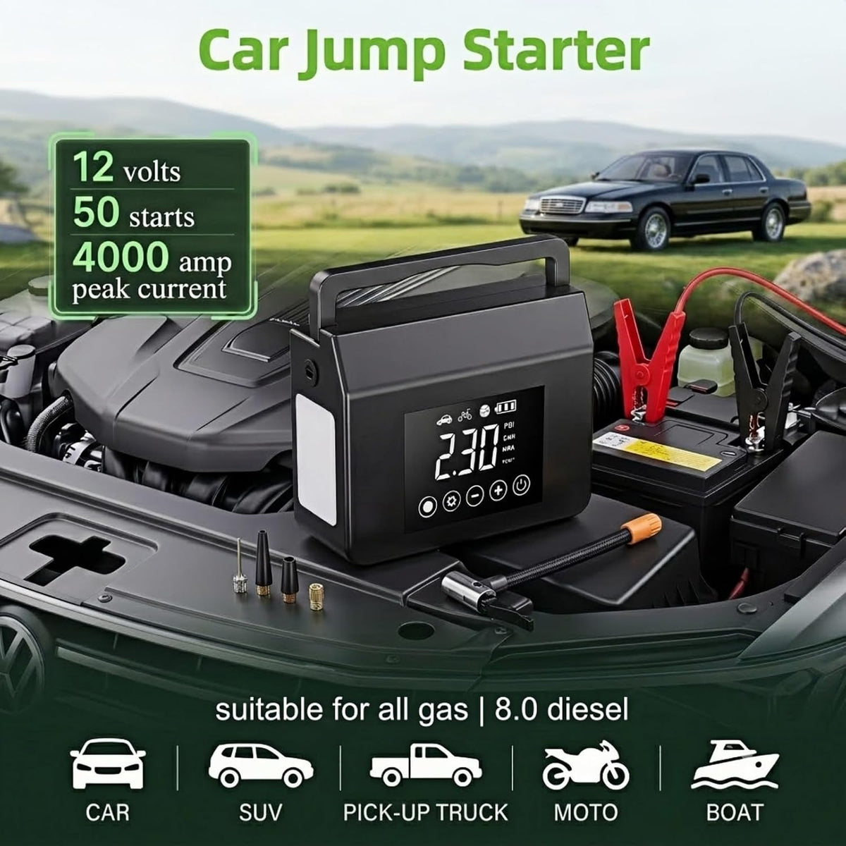 Portable Car Battery Jump Starter with Air Compressor, 4-in-1 Jump Box