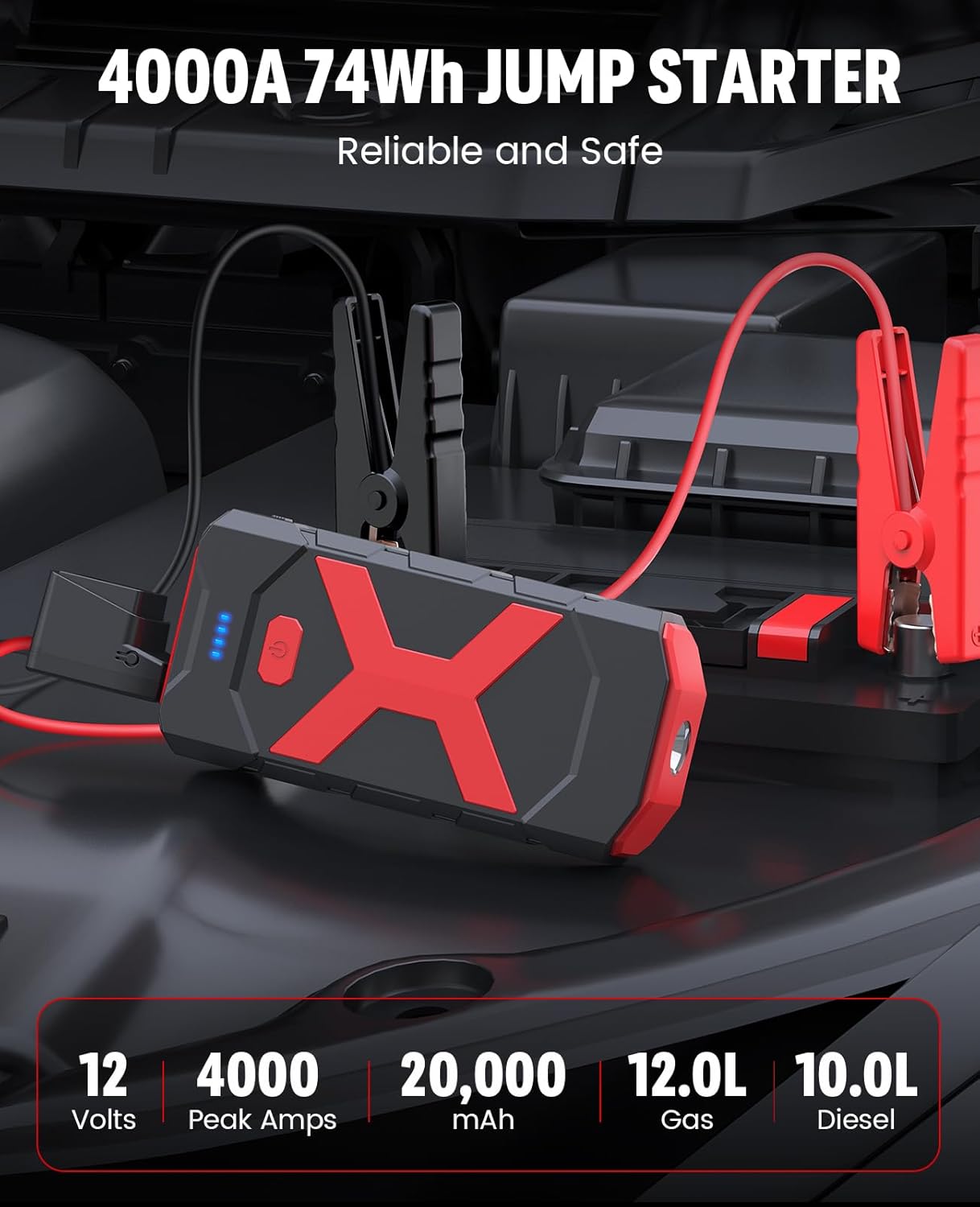 BOOKOO A9 Jump Starter 4000A for Car,Boat,Lawnmower 12L Gas&10L Diesel Engines Portable 12V Car Battery Jump Starter with Jumper Cables,Quick Charging USB Ports and USB C,3 LED Modes and Storage Box
