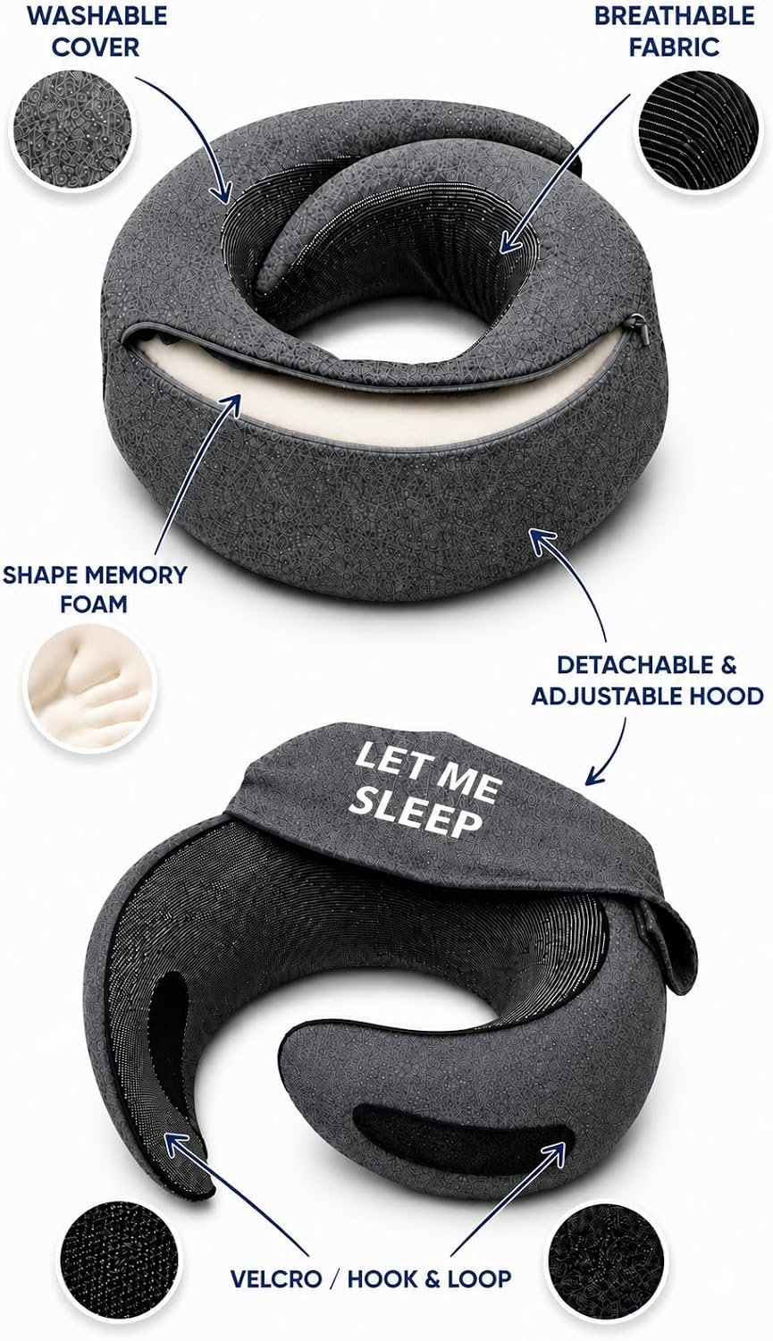Sleepfly Travel Neck Pillow with Hood – 3-in-1 Travel Essentials Kit : Neck Pillow, Blackout Mask & Silicone Earplugs – Ergonomic Memory Foam Neck Support for Airplane, Car and Train