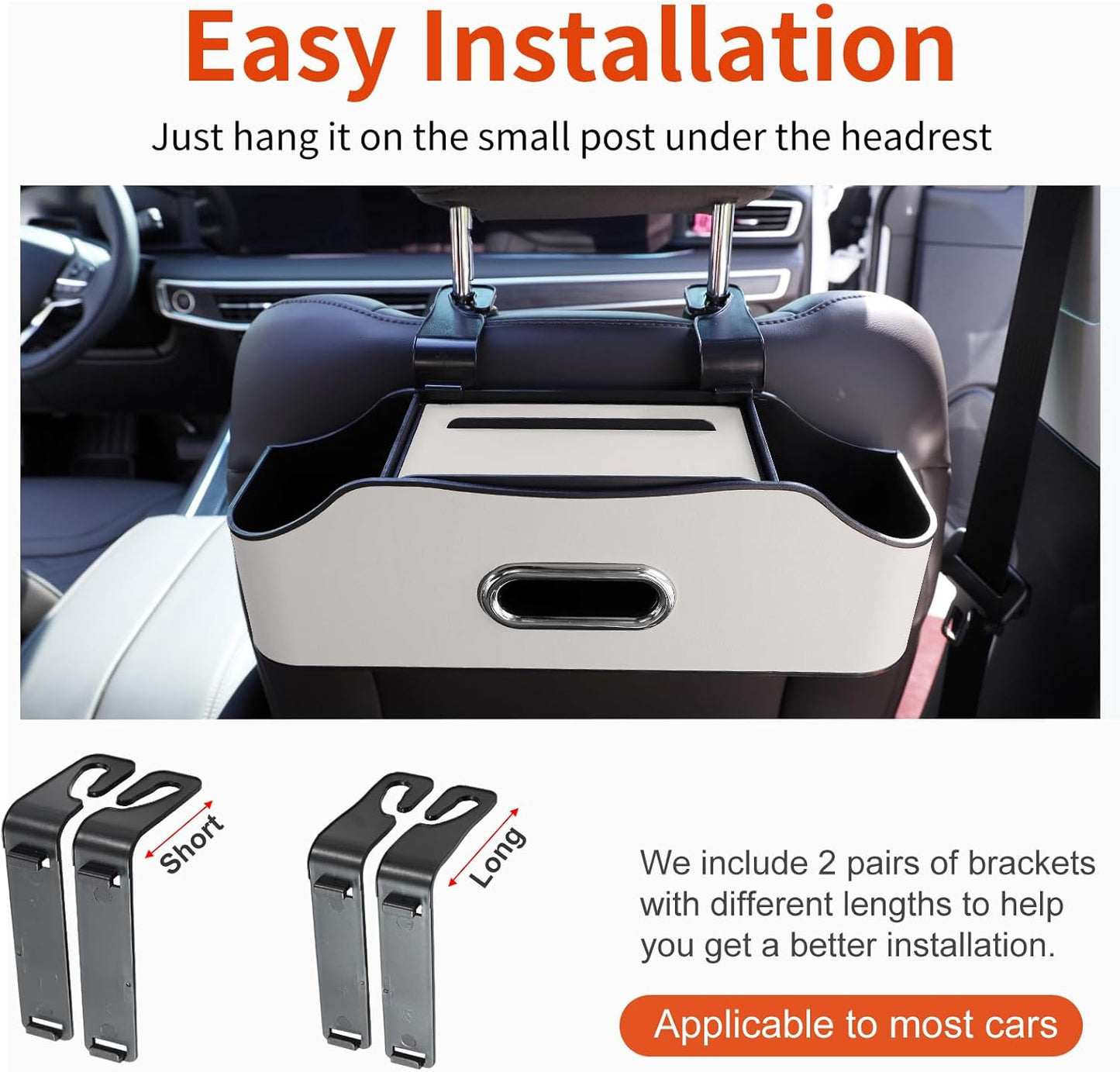 Back Seat Cup Holder for Car – Multifunctional Seat Back Organizer with Drink Holders, Tissue Box Storage & Hooks, Fits Headrest for Auto. (White)