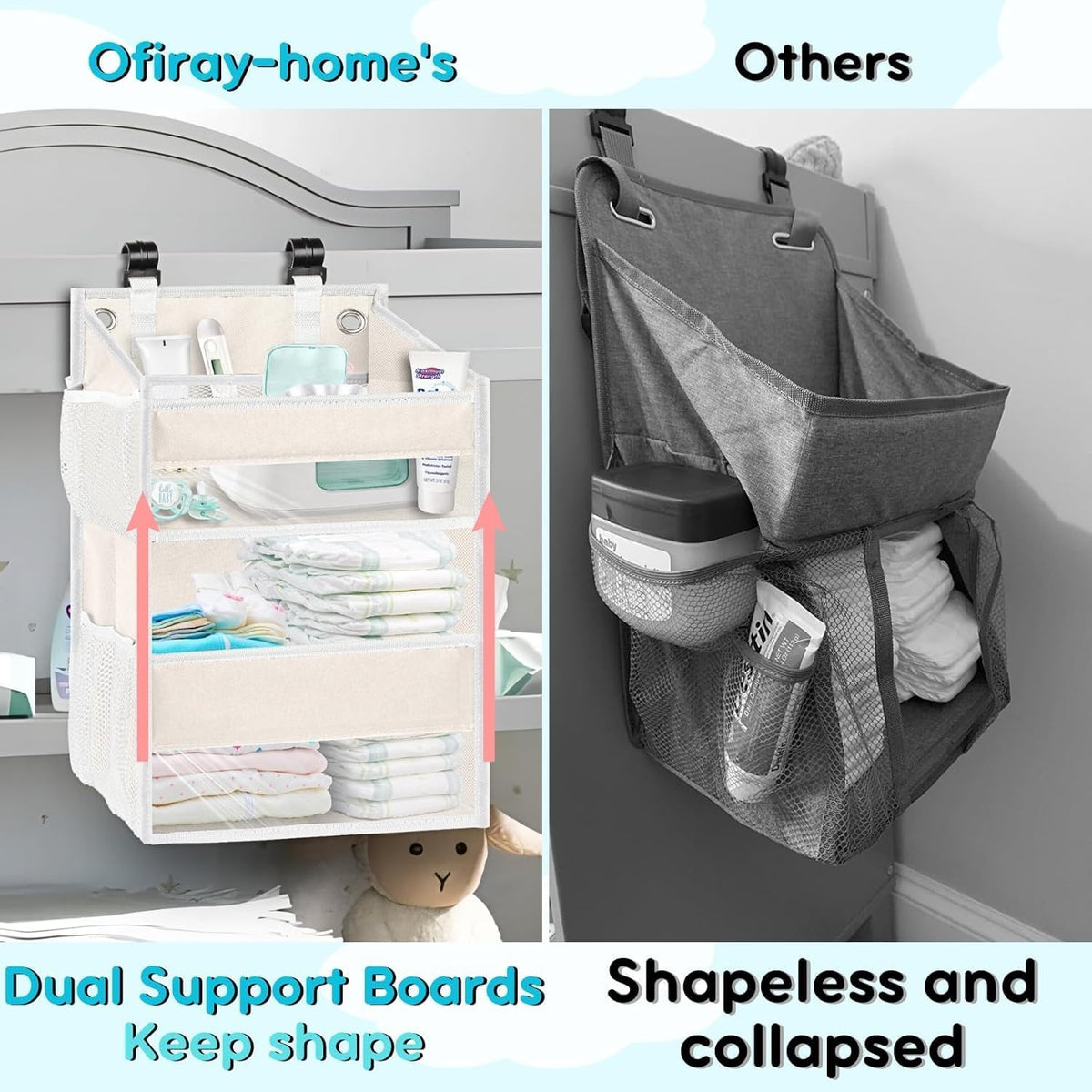 Hanging Diaper Organizer, 2 Tier Hanging Diaper Caddy, Holds 90+ Diapers | Diaper Organizer for Changing Table,Cribs,Car,Playard or Wall & Nursery Organization, 4 Mesh Pockets, Won't Deform, Beige