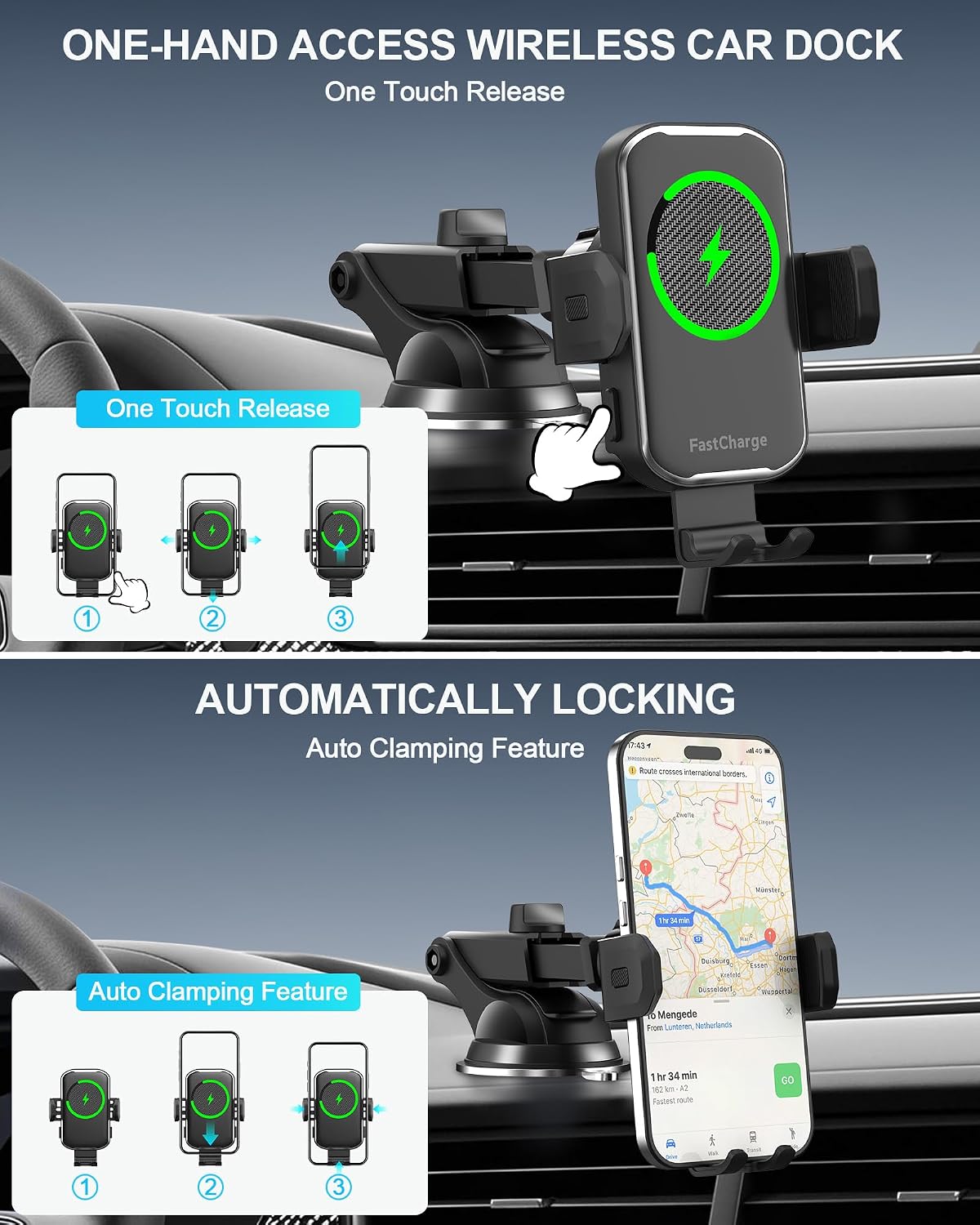 Wireless Car Charger,15W Fast Charging Auto-Clamping Car Phone Mount