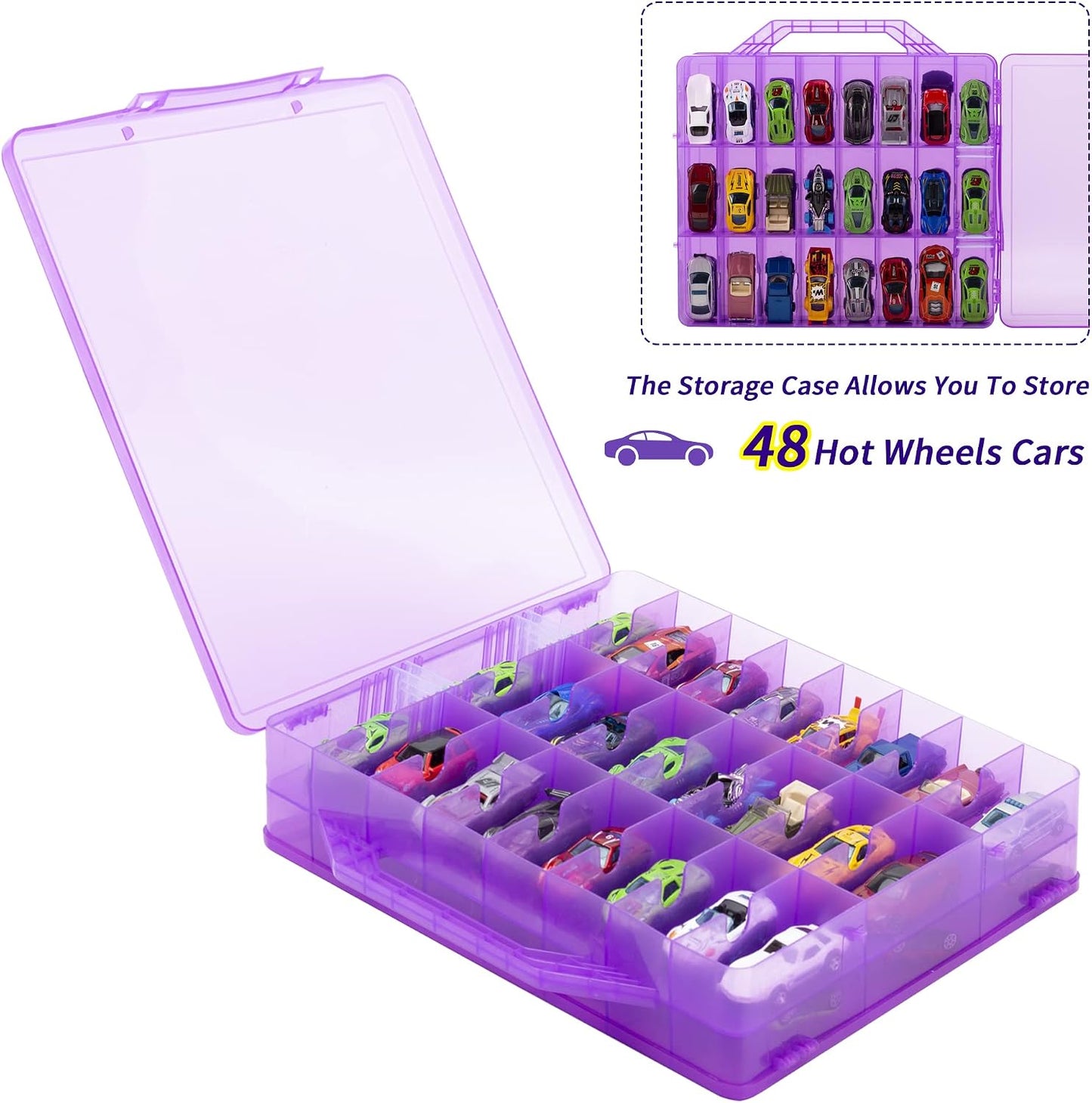 Double Sided Toy Car Storage Case for 48 Toy Cars, Matchbox Cars, Mini Toys, Small Dolls, Portable Transparent Storage Case for Toy Cars, Matchbox Cars with 48 Compartments, Case Only