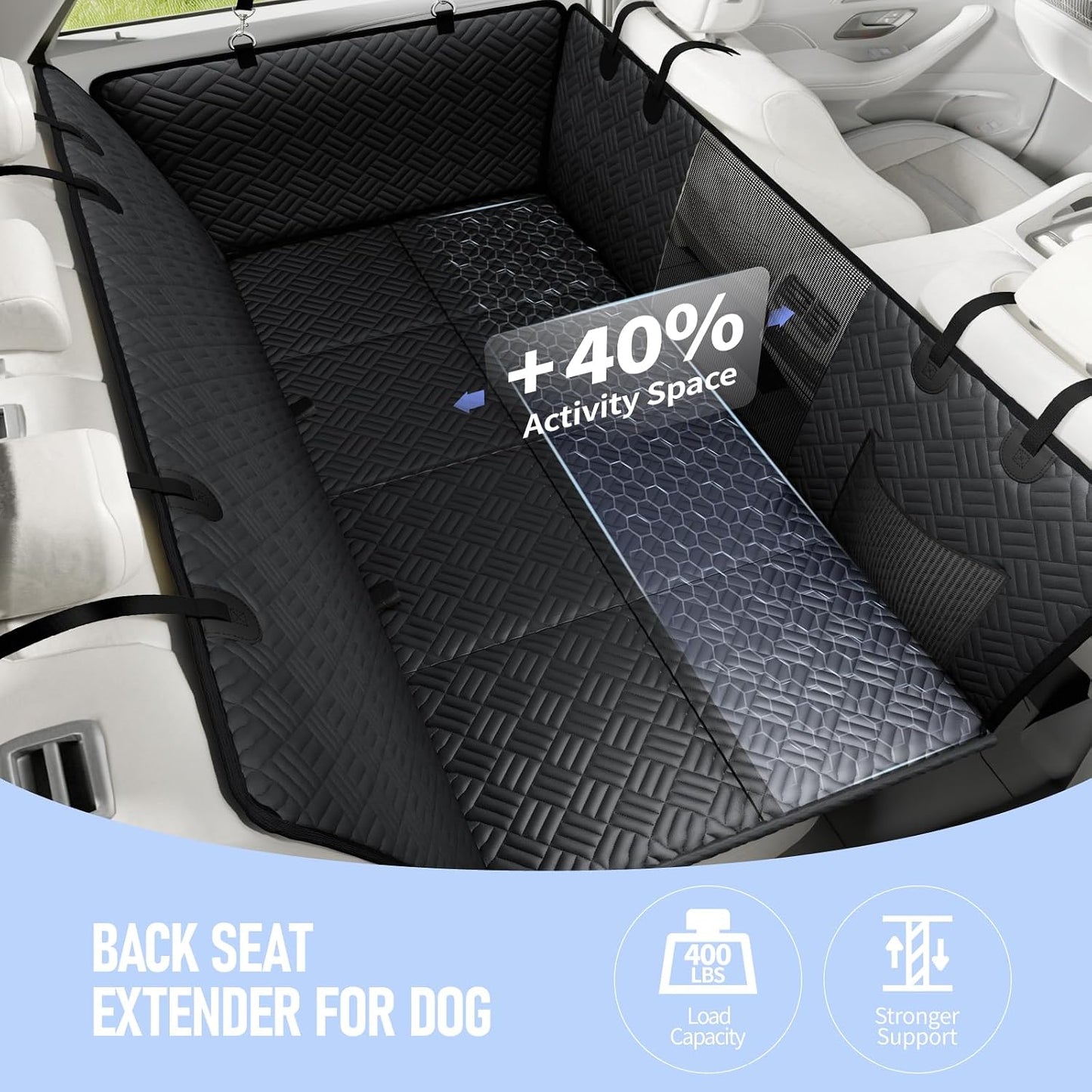 PROZAR Dog Car Seat Cover for Back Seat, Hard Bottom Back Seat Extender, Pet Cover for Dogs - Supports 400lbs, Waterproof Heavy Duty Scratch Dog Hammock for Compact Cars/SUVs, 51in -Black