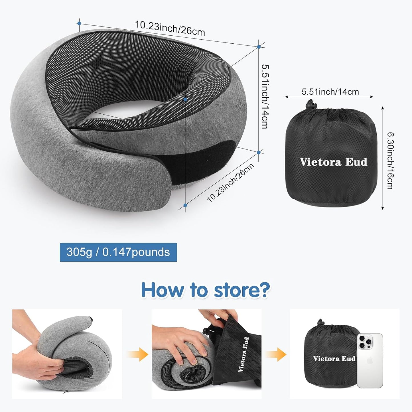 Travel Neck Pillow, Memory Foam Neck Support for Airplane, Car & Office, Breathable Portable Design with Eye Mask, Earplug Holder & Carry Bag, for Men&Women