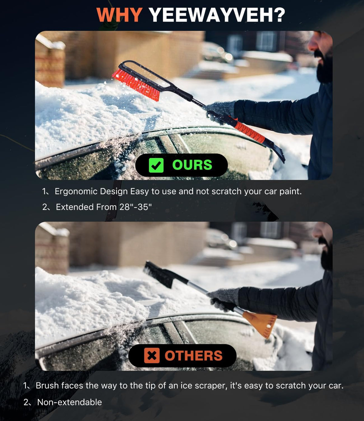 YeewayVeh 35in Car Snow Brush Ice Scraper for Car Windshield, 2-in-1,Orange