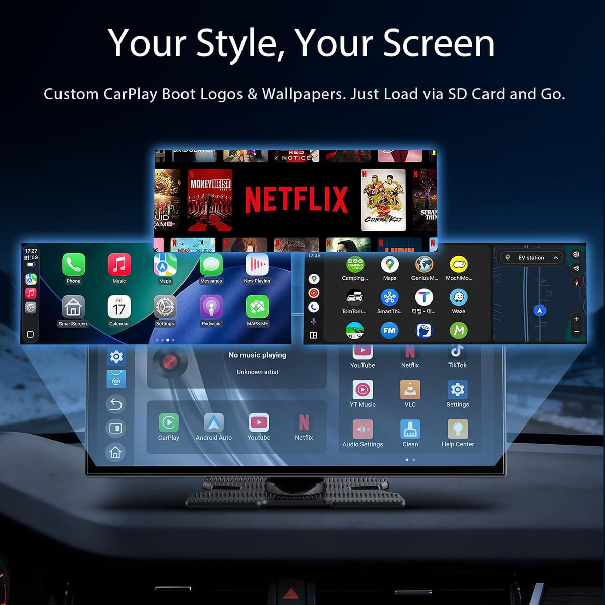 10.26" CarPlay Screen Built-in Net-Flix/YouTube/Tiktok,CD Slot Mount