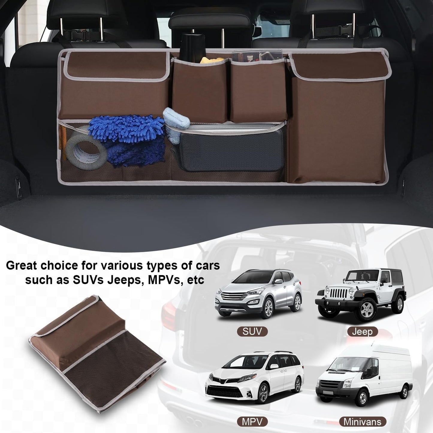 UYYE Trunk Hanging Organizer, Backseat Storage Bag, Collapsible Car Interior Accessories with 4 Pockets & 2 Mesh Pouches for Tools, Provide More Storage Trunk Space for SUV, Jeep, MPVs (Brown)