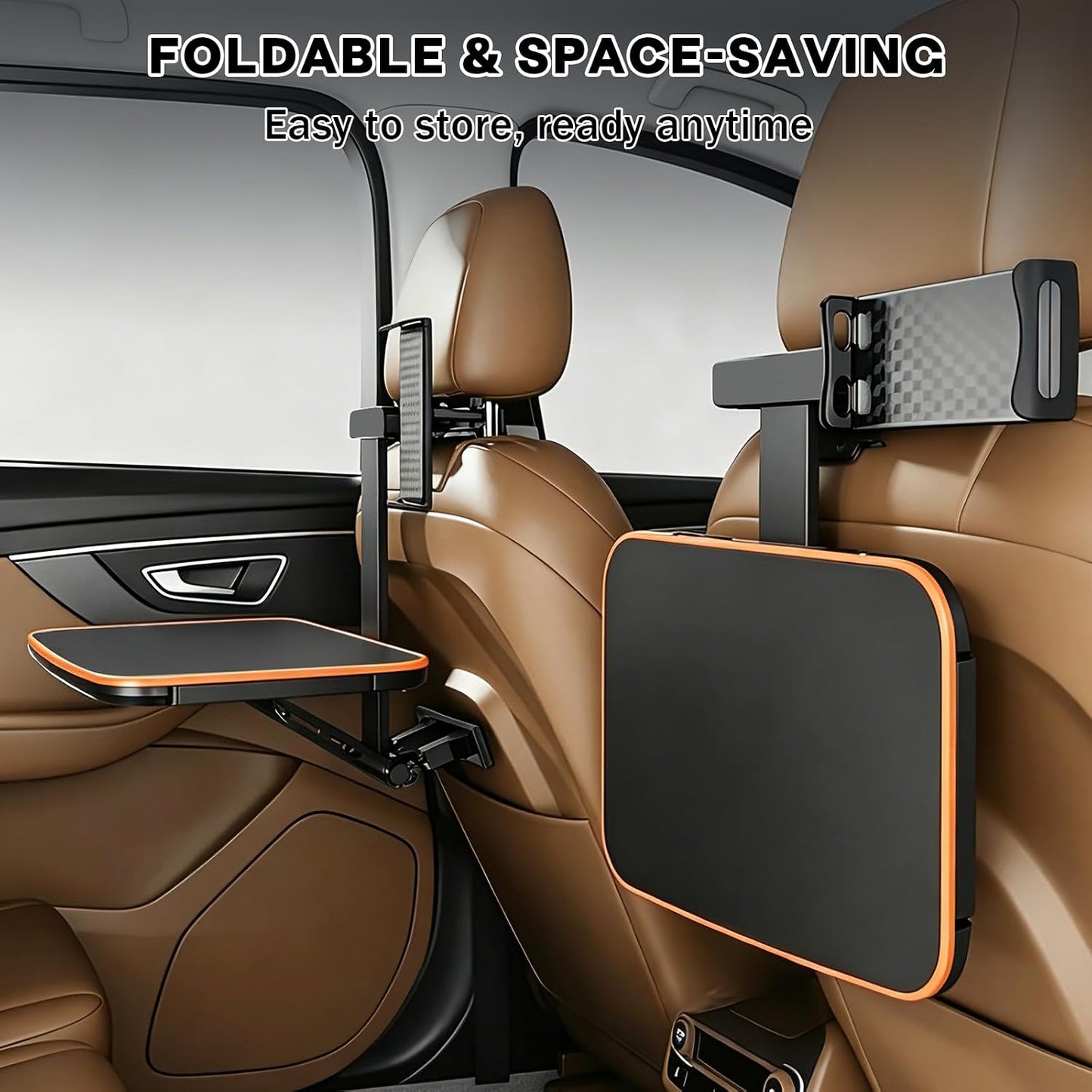Large Car Tray Table for Back Seat, Foldable Car Desk for Laptop with Adjustable Height, Hidden Cup Holder & Phone Holder, Heavy Duty Travel Food Tray for Eating Working Road Trips (Orange)