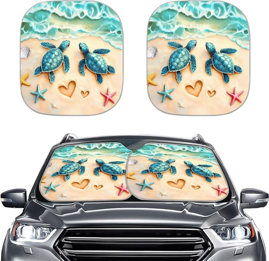 Beach Sea Turtle Car Windshield Sun Shade 2 Piece Foldable Sun Visor Protector Cover Car Privacy Shades Front Turtle Car Interior Accessories,Keeps Your Vehicle Cool Car Privacy Shades