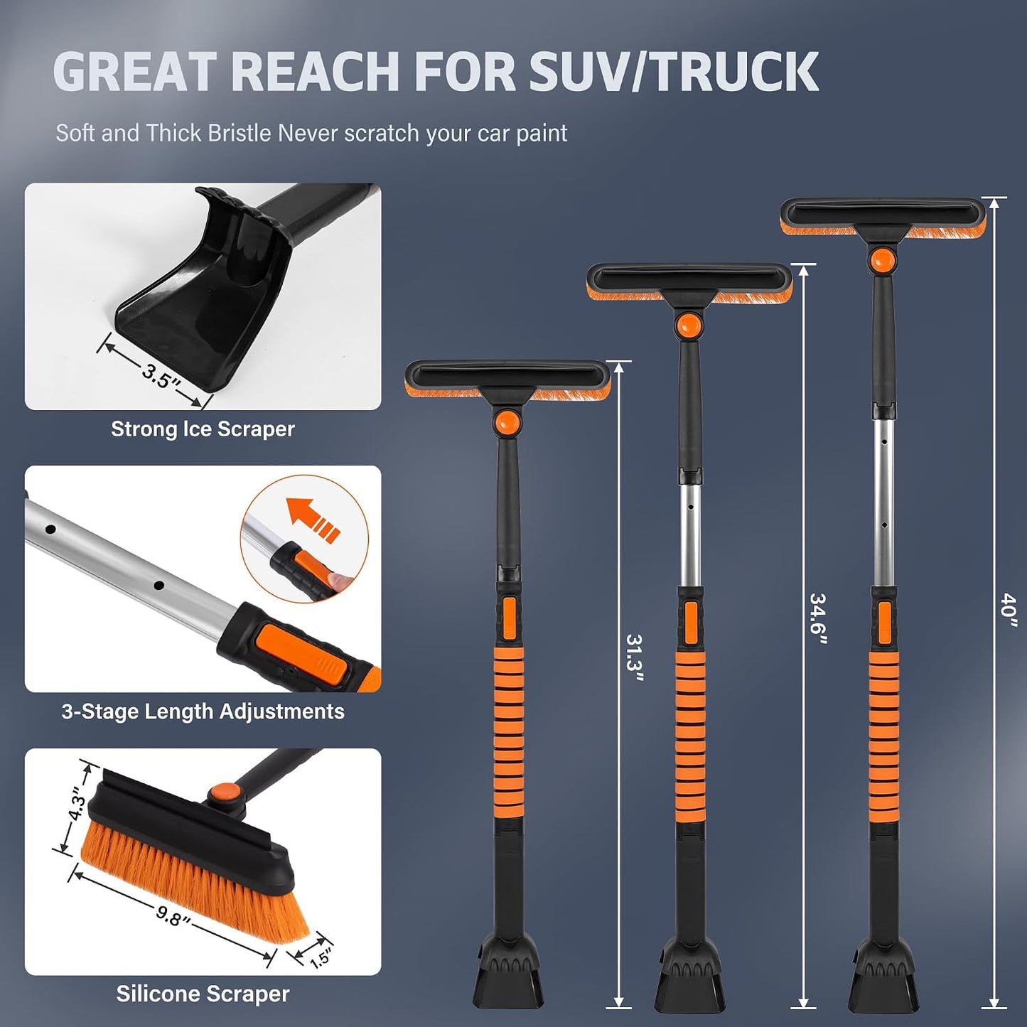 5-in-1 Extendable Snow Shovel and Ice Scraper for Car, 31"-40" Snow Brush with Squeegee, Pivoting Brush Head & Foam Grip for Windshield, Truck, SUV