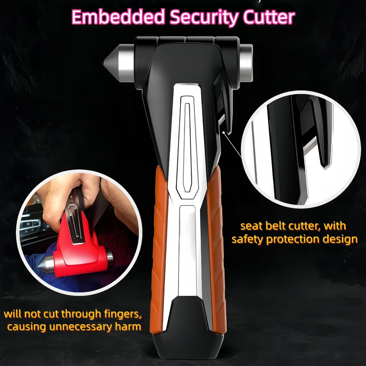 Emergency Safety Hammer Seatbelt Cutter Escape Tool,2 in 1 Window Glass Breaker and Seat Belt Cutter Safehammer for Car (1, Orange+Black)