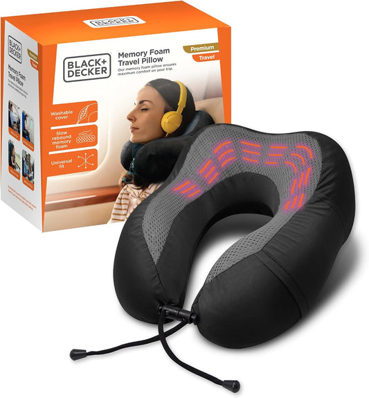 BLACK+DECKER Cooling Gel Memory Foam Neck Pillow – Travel Pillow for Plane, Car &amp; Train – Ergonomic Neck Support, Slow Rebound Memory Foam, Washable Cover, Universal Fit, Black