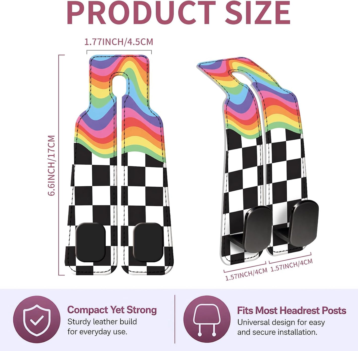 Car Seat Back Storage Hook, Funny Car Purse Hook, Cute Vehicle Storage Organizer for Purses Handbags Rainbow Black Checkerboard