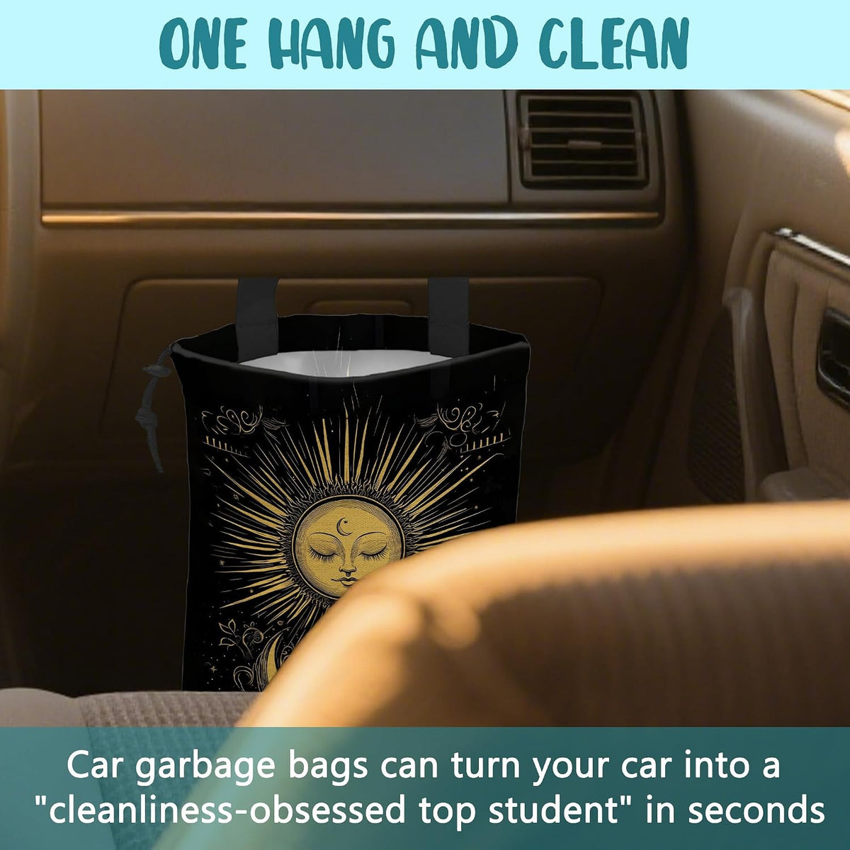 Car Garbage Bag Golden Sun Boho Crescent Moon Stars Hanging Canvas Car Trash Bag Drawstring Car Back Seat Organizer for Car Back Front Seat Console with Adjustable Buckle