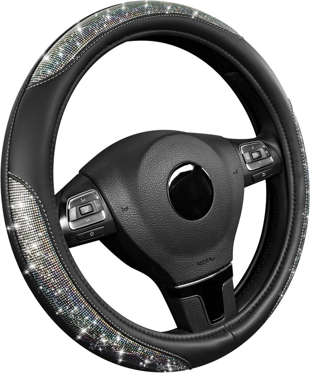 Road Comforts Pixel Glitter Steering Wheel Cover, 14.5–15 Inch Leather Steering Wheels Snug Fit, Anti-Slip Leather Grip, Elegant Sparkle Design, Universal Fit - Black