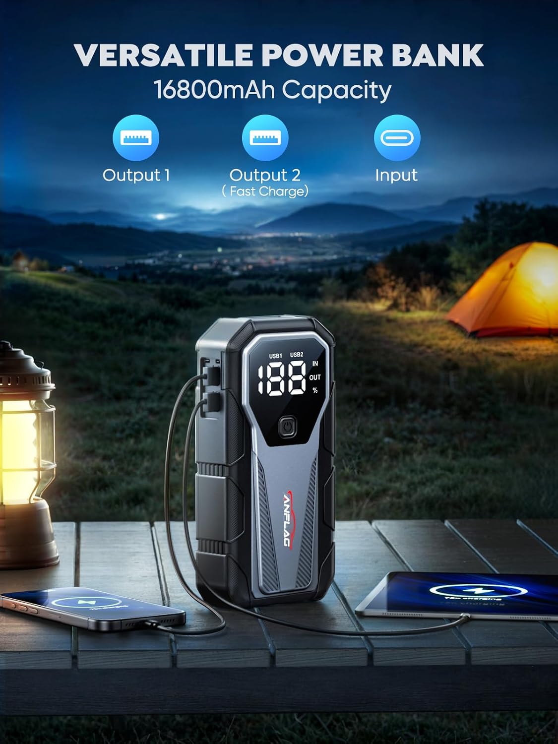 Car Jump Starter 6000A 12V Battery Pack, 16800mAh Portable Jump Box for 10L Gas/9L Diesel Engines, with Smart Jumper Cables, LED Display, Fast Charging, SOS Light & Emergency Power Bank