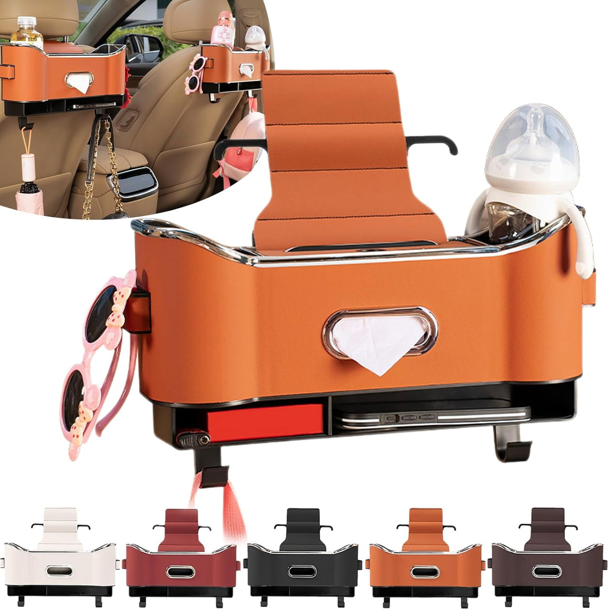 Multifunctional Car Seat Back Storage Box, Car Seat Tissue Box and Storage Box, Universal Car Tissue Organizer Back Seat with 2 Drink Cup Holder (Orange)