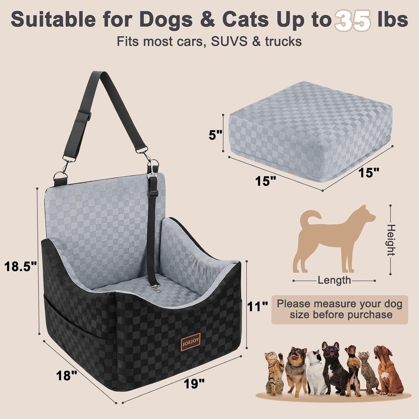 JOEJOY Elevated Dog Car Seat for Small/Medium Dogs up to 35 lbs, Memory Foam Booster Seat with Detachable Washable Cover, Travel-Safe Car Bed with Safety Belts & Storage Pockets, Grey