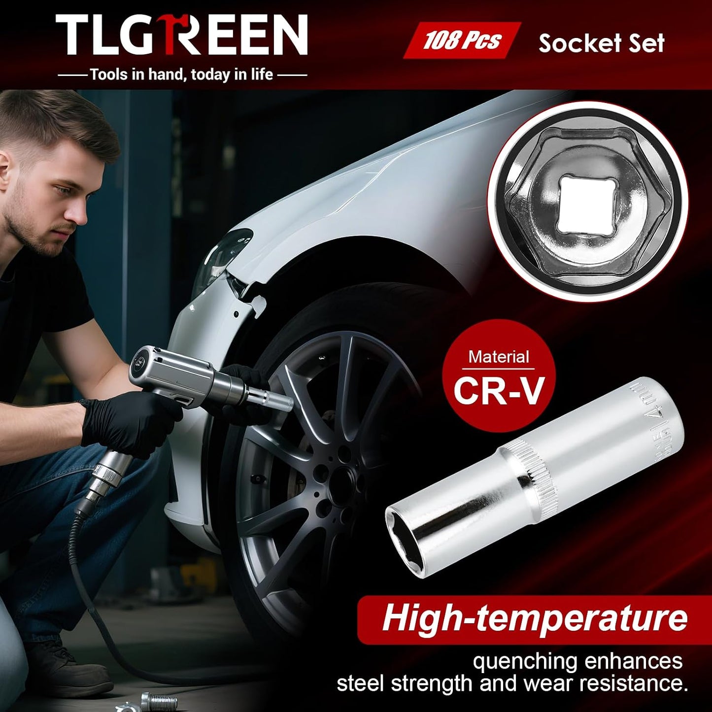 TLGREEN 108 Pcs Mechanic Socket Tool Kit,CR-V Steel Metric And 1/4" & 1/2" Ratchet set,Universal Joint,Extension Bars,Adapter,Quick Release Ratchet Wrench,Tool Box Set for Car Garage Dorm