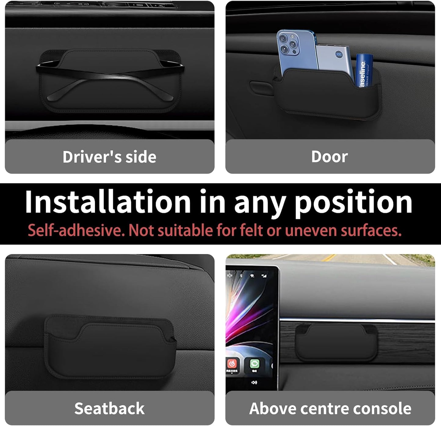 Sunglass Holder for Car, Multi-Functional Stick-On Glasses Storage Box, Seat Gap Organizer with Small Item Storage, Universal Fit for All Vehicles (Black Leather)